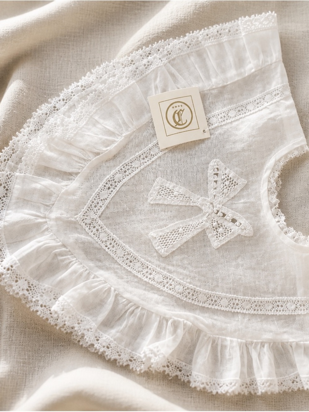 Vintage Lace Baby Bib or Dress Collar with Crochet Bow Hand Covered Buttons. New